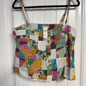 Anthropologie Patchwork Floral Button-Front Cami in White, Teal, Yellow, Pink